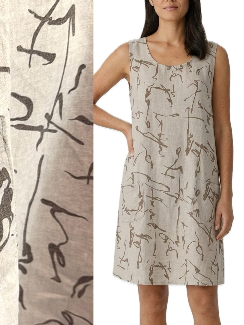 Eva Tralala Linen Asian Printed Sundress Size M, Large Patch Pocket A-Line Dress